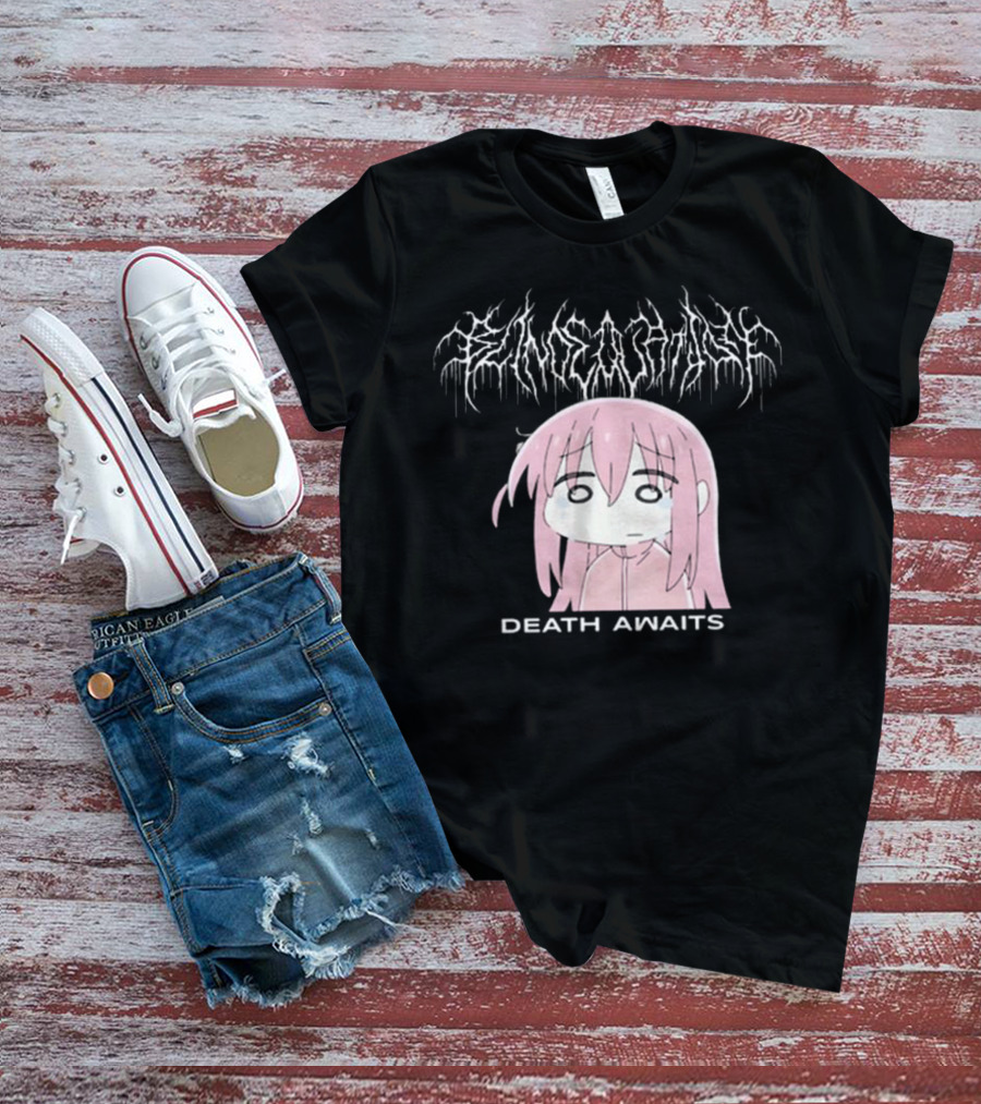 Bejalvin Death Awaits Pink Anime Character With Metal Band Style Lettering T-Shirt
