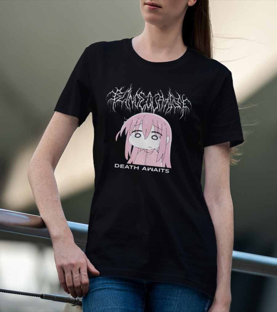 Bejalvin Death Awaits Pink Anime Character With Metal Band Style Lettering T-Shirt