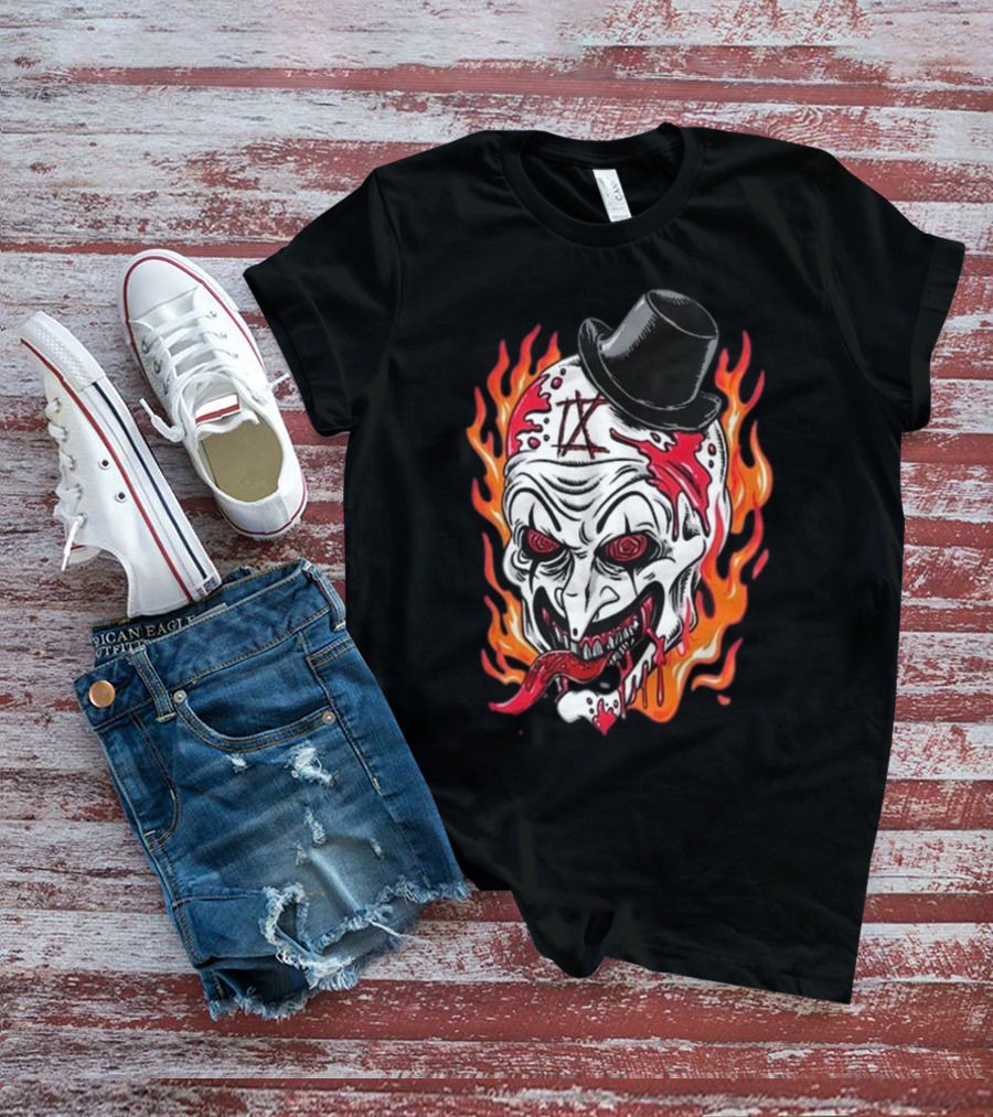 Psychos Only Art Will Never Die Flaming Skull Top Hat T-Shirt