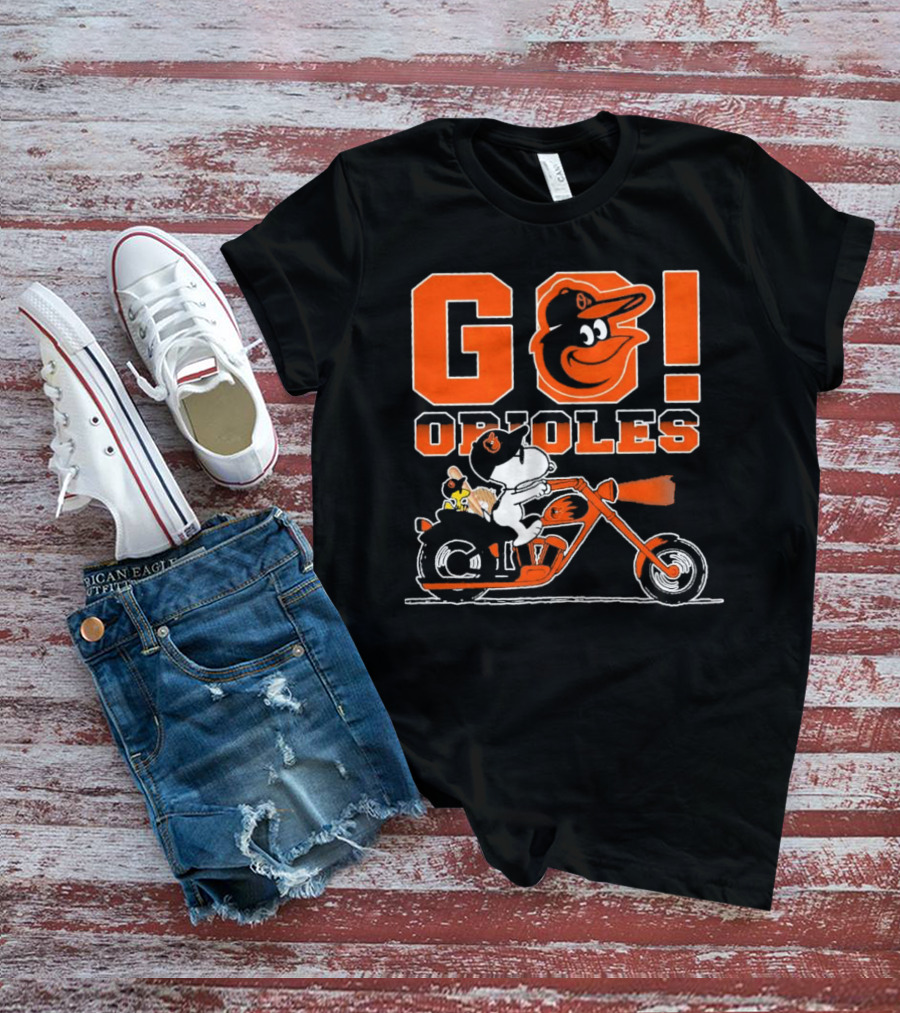 Baltimore Orioles Snoopy And Woodstock Ride Motorcycle Go Orioles T-Shirt