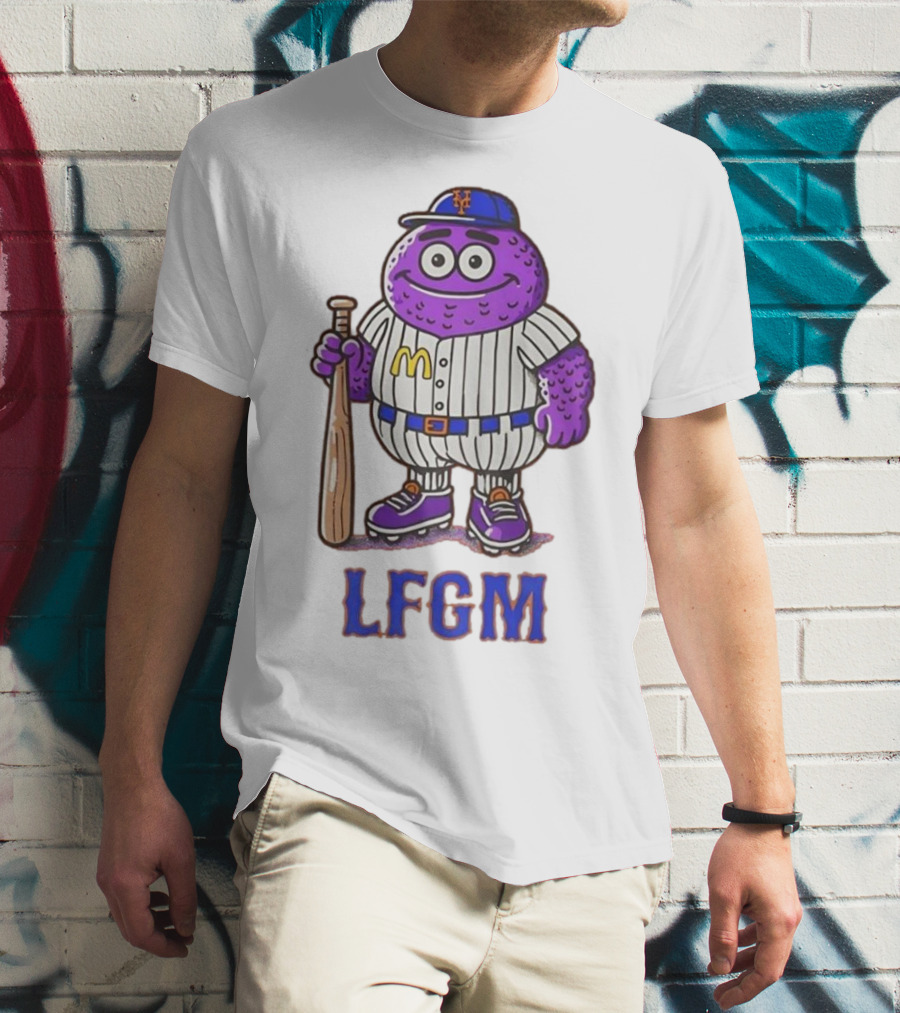LFGM New York Mets Grimace Cartoon Baseball Bat Character T-Shirt