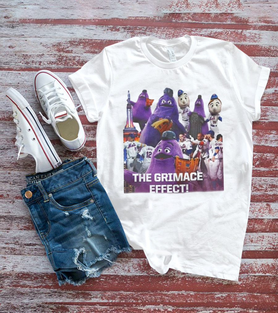 New York Mets The Grimace Effect Baseball Collaboration With Mascot Imagery And Player Interaction T-Shirt