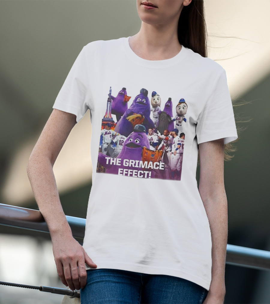 New York Mets The Grimace Effect Baseball Collaboration With Mascot Imagery And Player Interaction T-Shirt