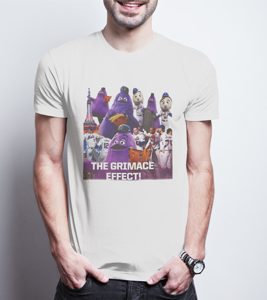 New York Mets The Grimace Effect Baseball Collaboration With Mascot Imagery And Player Interaction T-Shirt