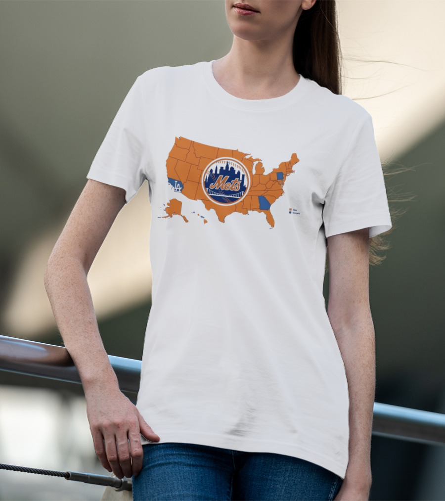 Map Of America Rooting For New York Mets In NLCS MLB With Mets And Dodgers T-Shirt