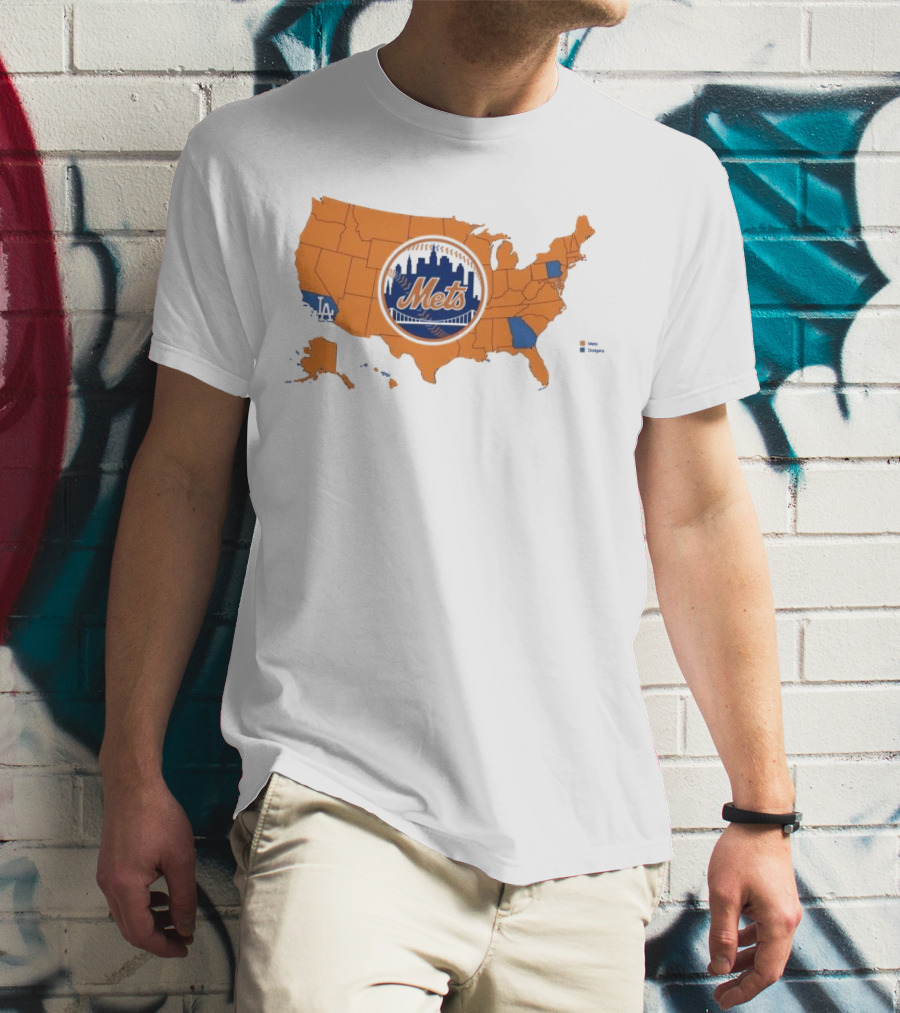 Map Of America Rooting For New York Mets In NLCS MLB With Mets And Dodgers T-Shirt