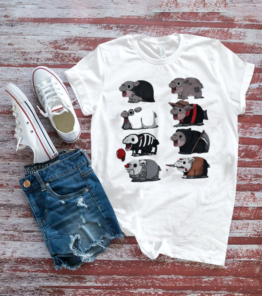 Scary Hippo Moo Deng In Horror Iconic Film Characters T-Shirt