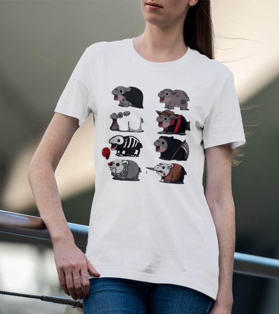 Scary Hippo Moo Deng In Horror Iconic Film Characters T-Shirt