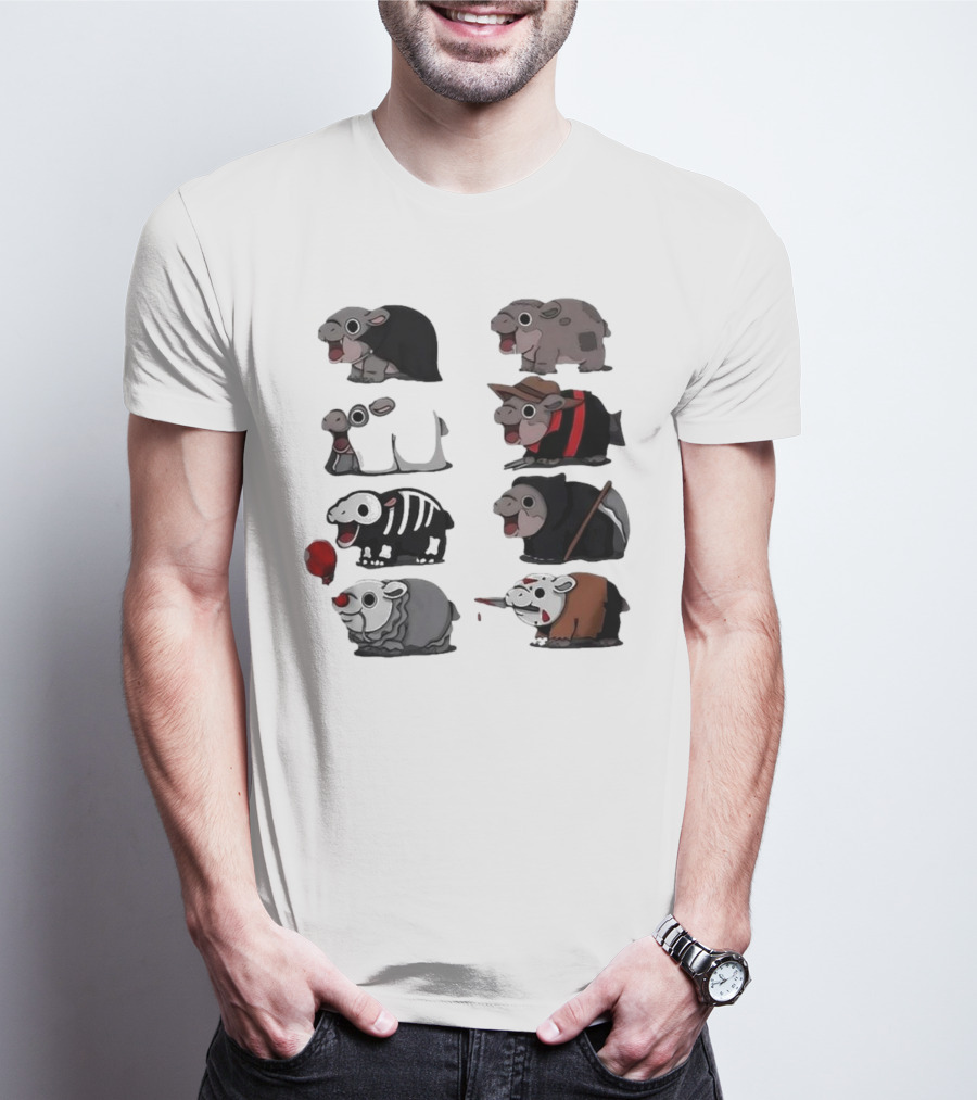 Scary Hippo Moo Deng In Horror Iconic Film Characters T-Shirt