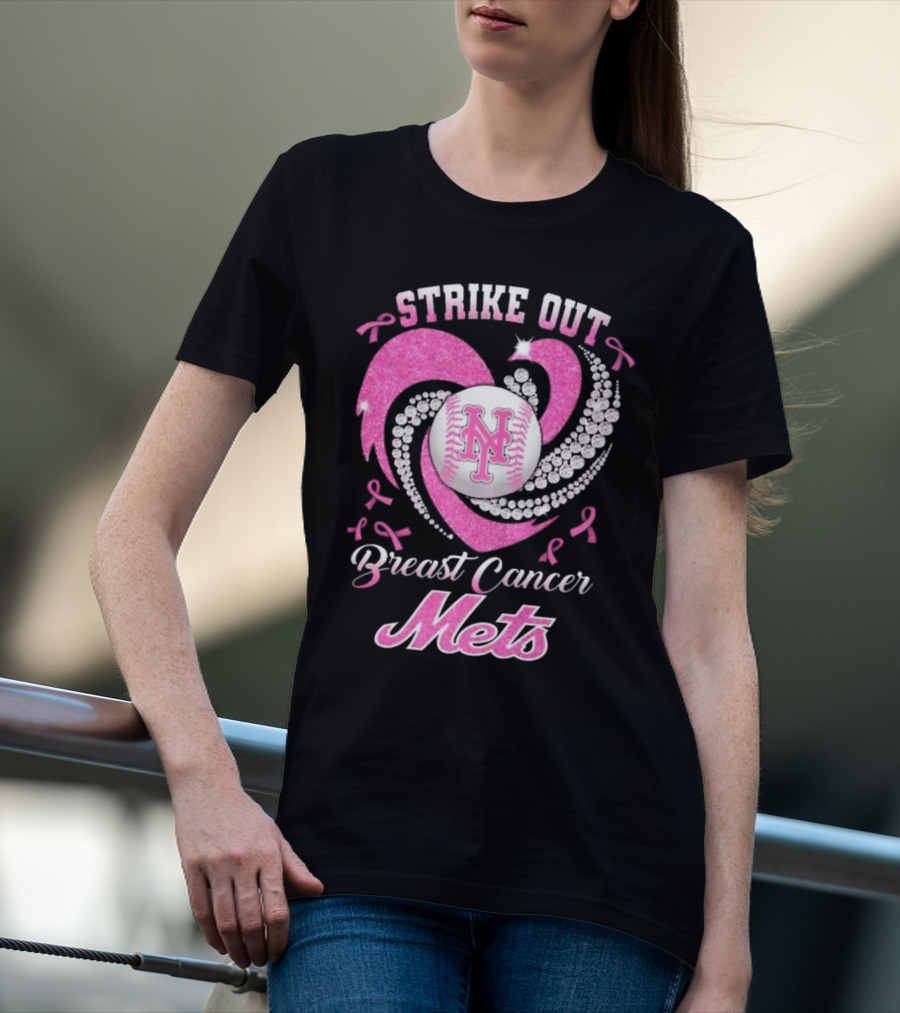 Strike Out Breast Cancer Mets Heart Diamond New York Mets T-Shirt