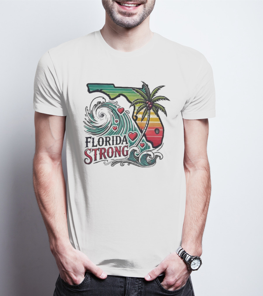 Womens Florida Strong State Outline With Palm Tree And Waves T-Shirt