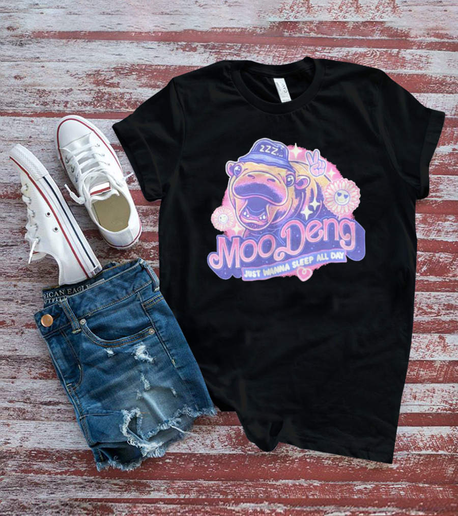 Moo Deng ZZZ Peaceful Sleep All Day With Flowers And Hearts T-Shirt