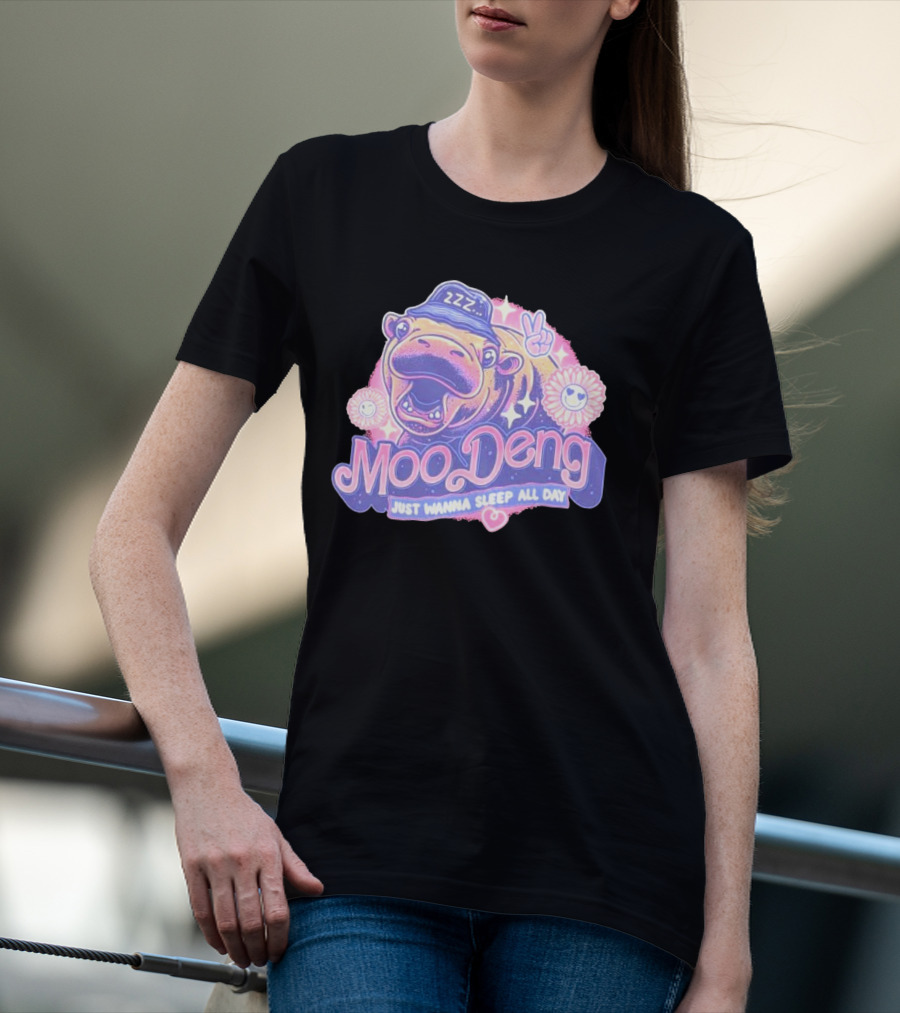 Moo Deng ZZZ Peaceful Sleep All Day With Flowers And Hearts T-Shirt