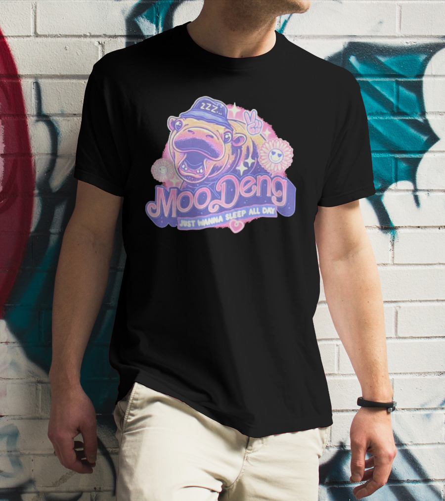 Moo Deng ZZZ Peaceful Sleep All Day With Flowers And Hearts T-Shirt