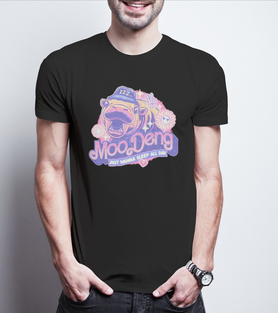 Moo Deng ZZZ Peaceful Sleep All Day With Flowers And Hearts T-Shirt