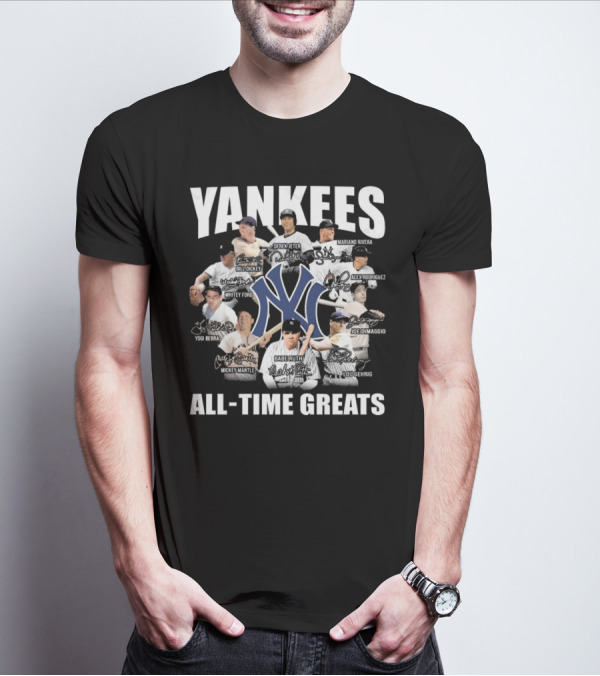 Yankees All-Time Greats Signature Celebrating Derek Jeter Babe Ruth Lou Gehrig Mariano Rivera Mickey Mantle T-Shirt