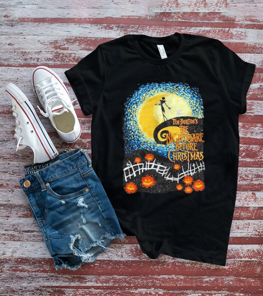 Tim Burton's The Nightmare Before Christmas Starry Night Vintage Pumpkin Fence T-Shirt