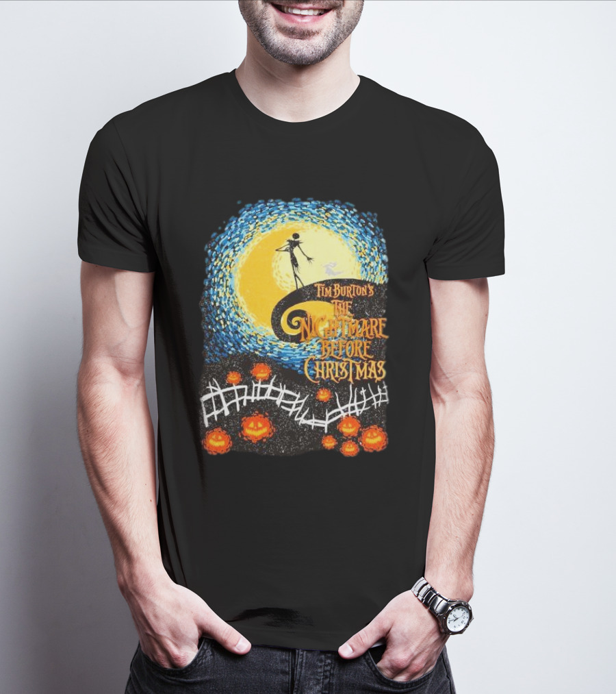 Tim Burton's The Nightmare Before Christmas Starry Night Vintage Pumpkin Fence T-Shirt