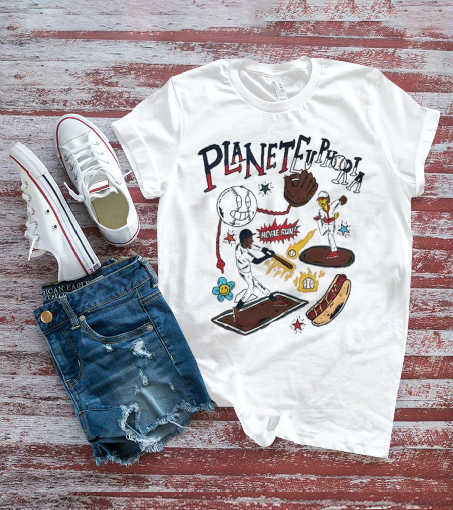 Planet Euphoria Baseball Home Run Hot Dog Illustration With Players And Glove T-Shirt