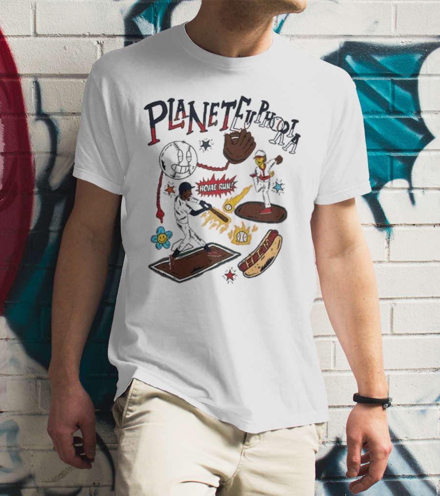 Planet Euphoria Baseball Home Run Hot Dog Illustration With Players And Glove T-Shirt