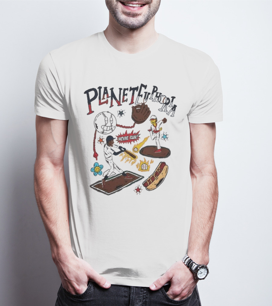 Planet Euphoria Baseball Home Run Hot Dog Illustration With Players And Glove T-Shirt