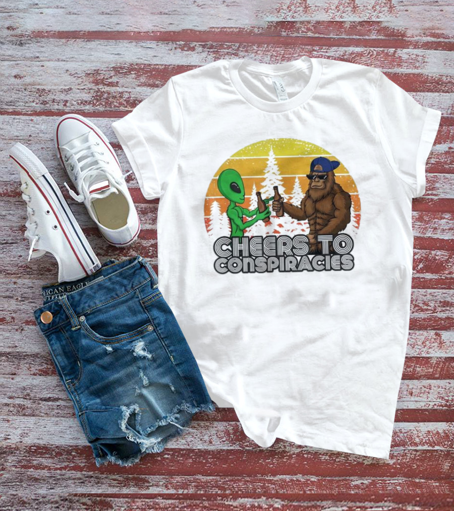 Alien And Bigfoot Cheers To Conspiracies In Retro Sunset Forest T-Shirt