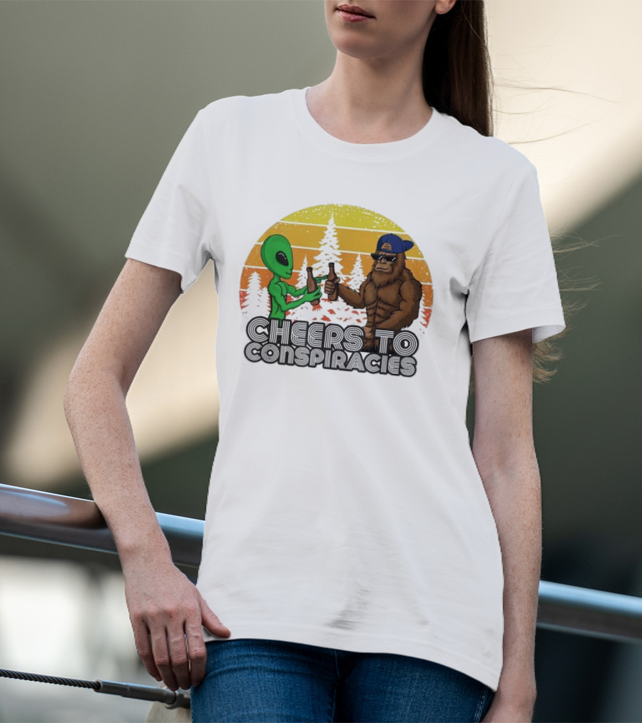 Alien And Bigfoot Cheers To Conspiracies In Retro Sunset Forest T-Shirt