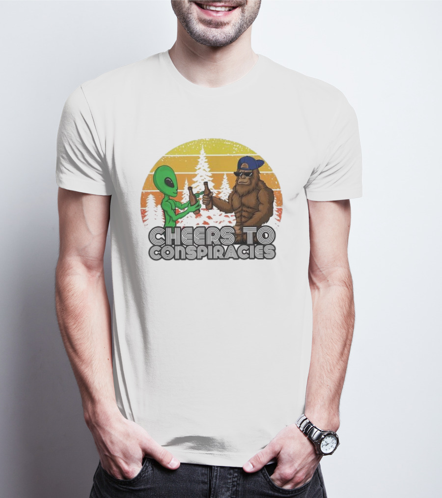 Alien And Bigfoot Cheers To Conspiracies In Retro Sunset Forest T-Shirt