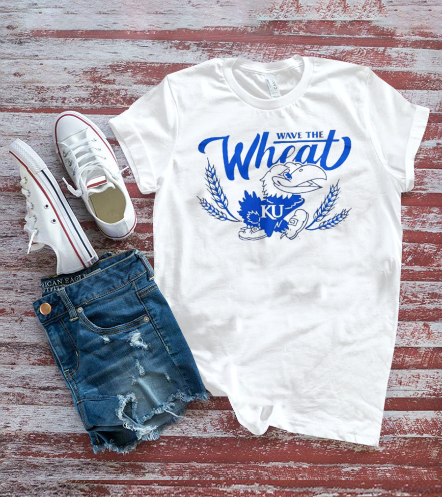 Kansas Jayhawks KU Wave The Wheat With Mascot And Wheat Stalks T-Shirt