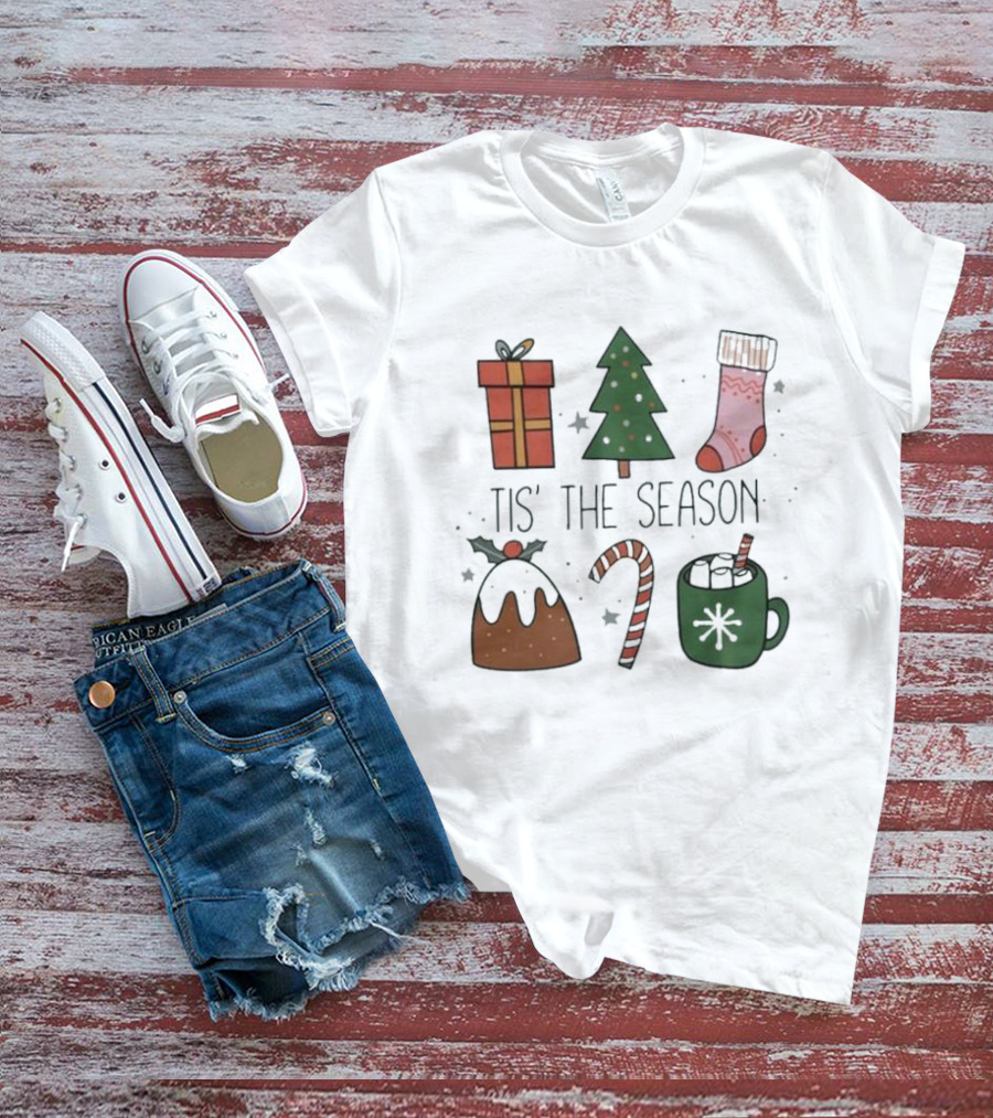 'Tis The Season Christmas Tree Stocking Gift Candy Cane Hot Chocolate T-Shirt