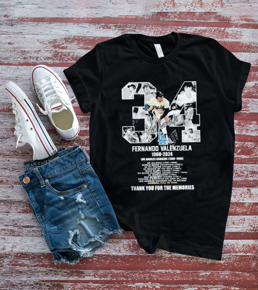 Fernando Valenzuela Los Angeles Dodgers 1980-1991 Baseball Hall Of Fame Thank You For The Memories 34 Signature T-Shirt