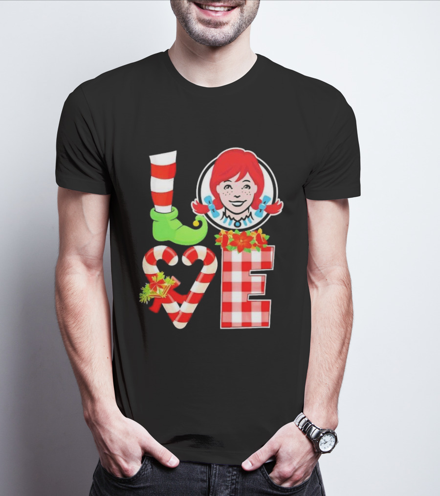 LOVE Elf Wendy’s Christmas Red Stripes Plaid Candy Cane Holiday T-Shirt