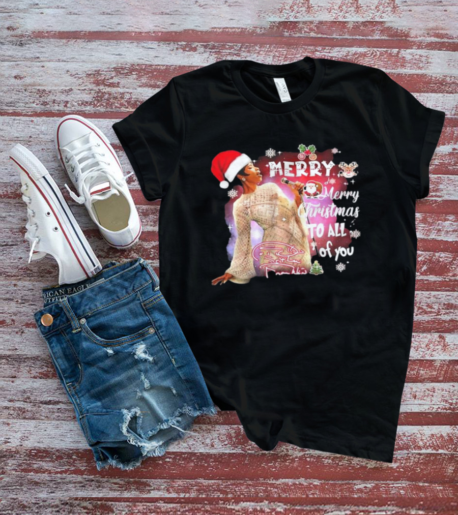 Aretha Franklin Merry Christmas To All Of You Santa Hat Snowflakes T-Shirt
