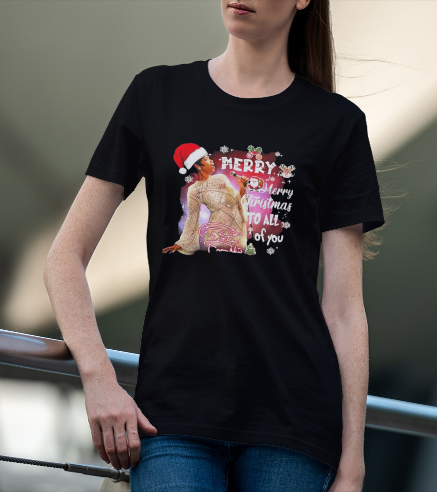 Aretha Franklin Merry Christmas To All Of You Santa Hat Snowflakes T-Shirt