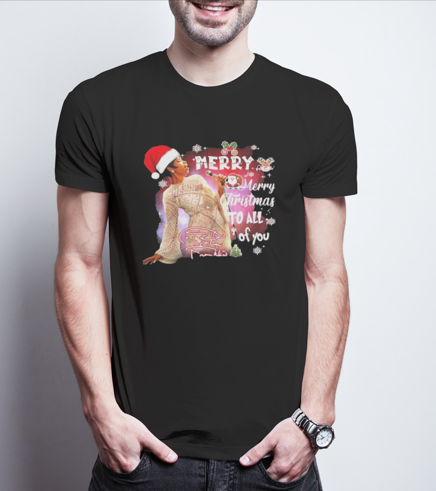 Aretha Franklin Merry Christmas To All Of You Santa Hat Snowflakes T-Shirt