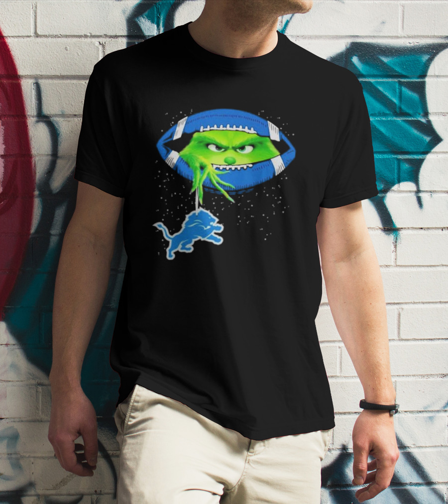 Grinch Holding Detroit Lions Logo Inside Football Christmas T-Shirt