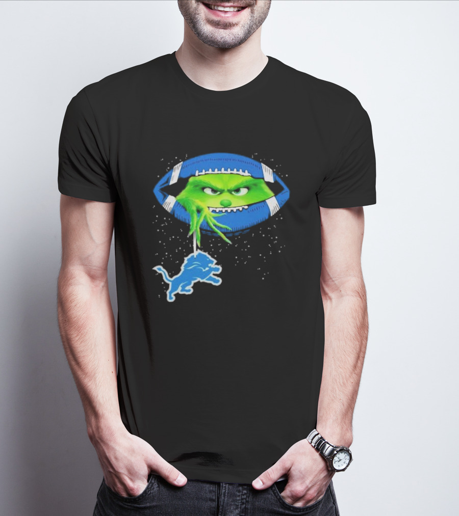 Grinch Holding Detroit Lions Logo Inside Football Christmas T-Shirt