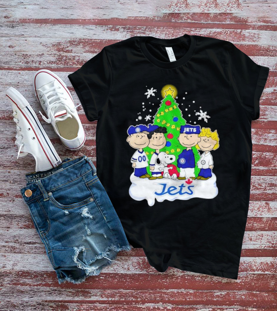 Winnipeg Jets Peanuts Characters Christmas Tree Snoopy Snowflakes T-Shirt