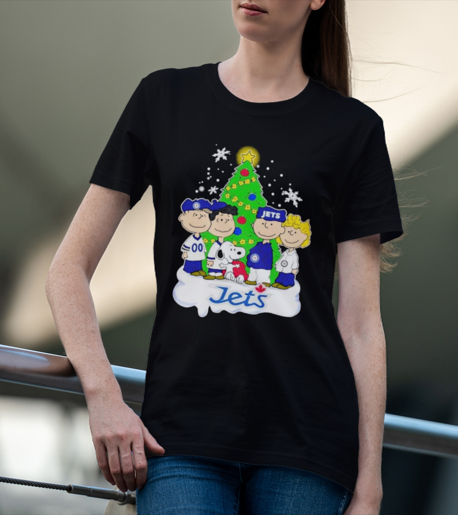 Winnipeg Jets Peanuts Characters Christmas Tree Snoopy Snowflakes T-Shirt