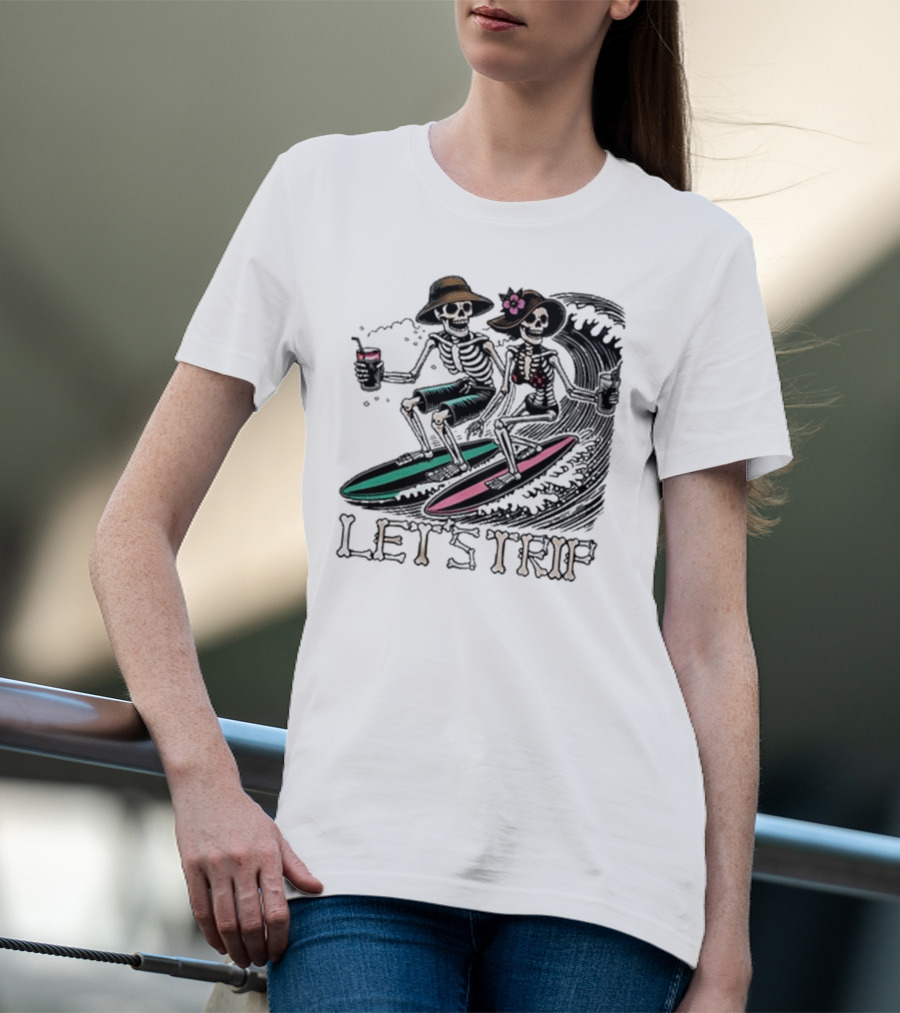 Let’s Trip Skeleton Surf Beach Vibes Retro Skeletons Surfing Waves T-Shirt