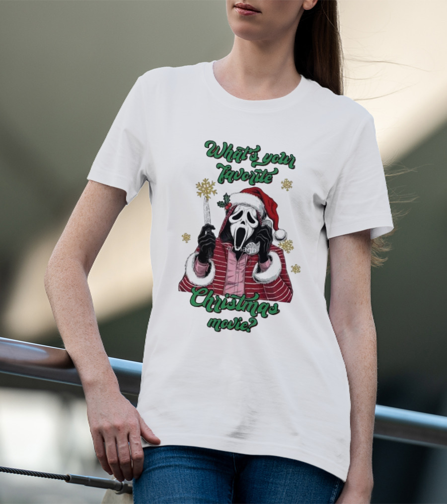 What’s Your Favorite Christmas Movie Santa Skeleton Ghost Face Costume T-Shirt