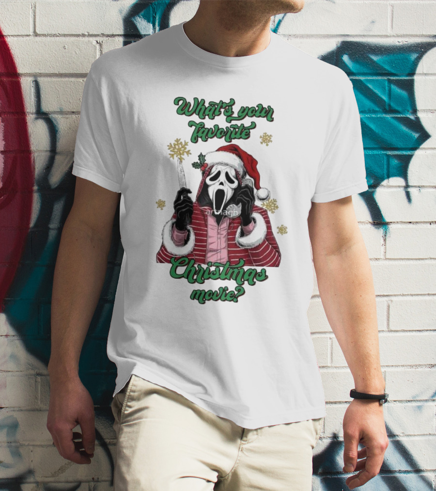 What’s Your Favorite Christmas Movie Santa Skeleton Ghost Face Costume T-Shirt