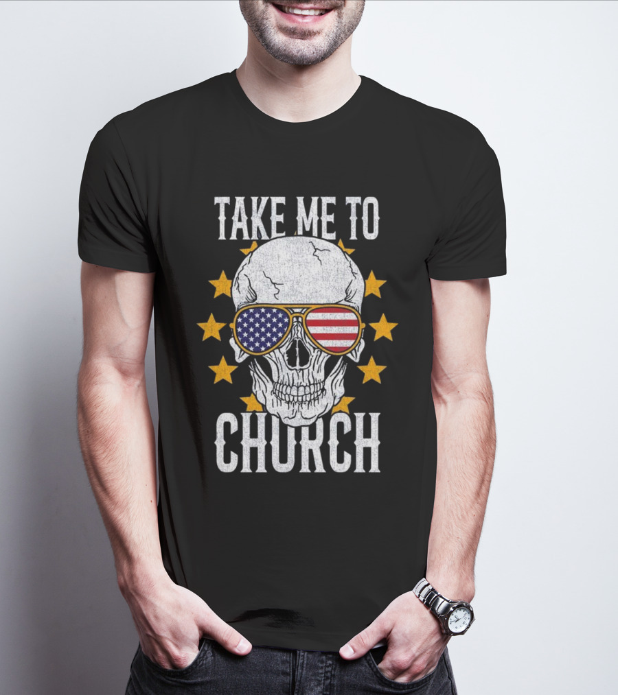 Take Me To Church Skull American Flag Sunglasses T-Shirt