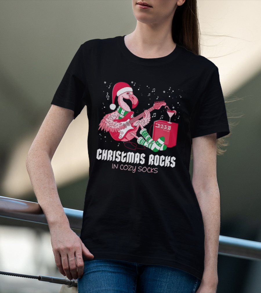 Christmas Rocks In Cozy Socks Flamingo Festive Vibes T-Shirt