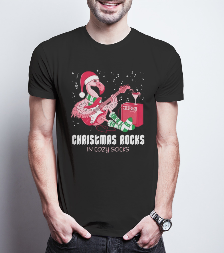 Christmas Rocks In Cozy Socks Flamingo Festive Vibes T-Shirt