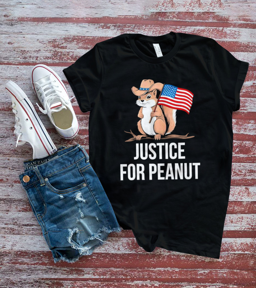Justice For Peanut Squirrel Holding US Flag In Cowboy Hat T-Shirt