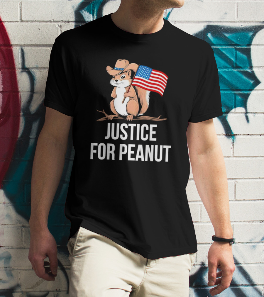 Justice For Peanut Squirrel Holding US Flag In Cowboy Hat T-Shirt