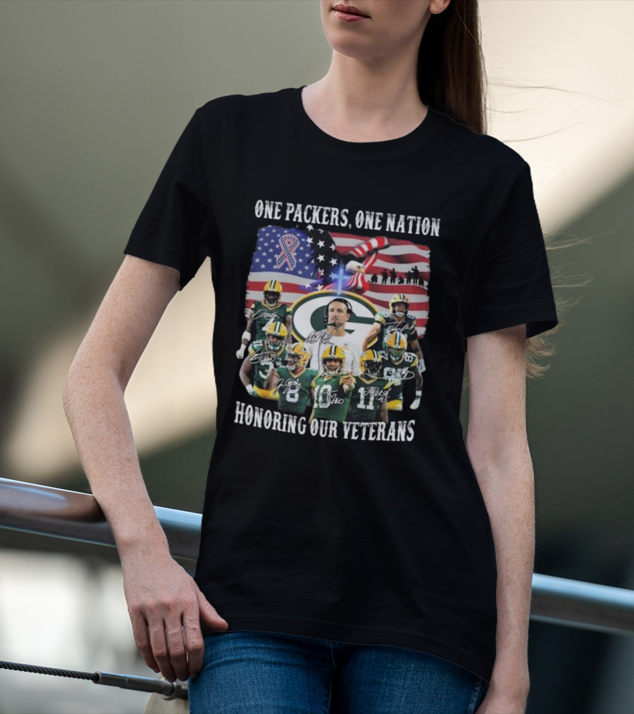One Packers One Nation Honoring Our Veterans Green Bay Packers Flag Signatures T-Shirt