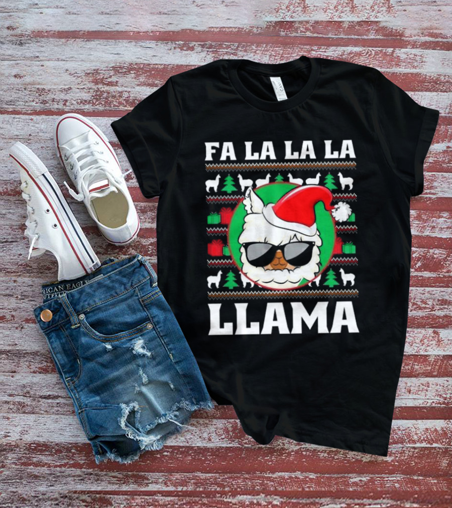Fa La La La Llama Christmas Ugly Sweater Santa Hat Sunglasses T-Shirt