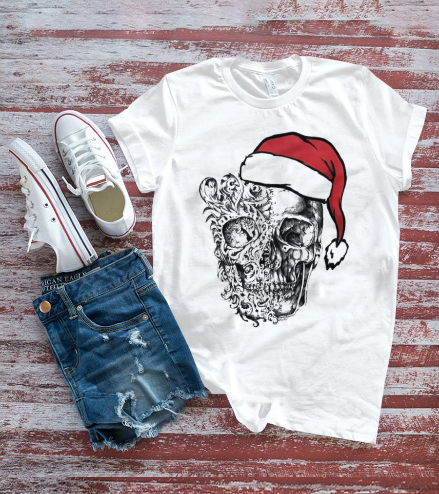 Deck The Halls With Skulls And Bodies Santa Hat Christmas Skull T-Shirt